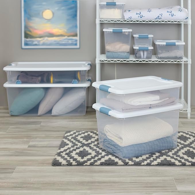 Sterilite 24-Pack Latching Box Under Bed Storage Bins with Lids Clear Plastic 32 Quart - Heavy-Duty Organizing Containers for Closet Bathroom and Office