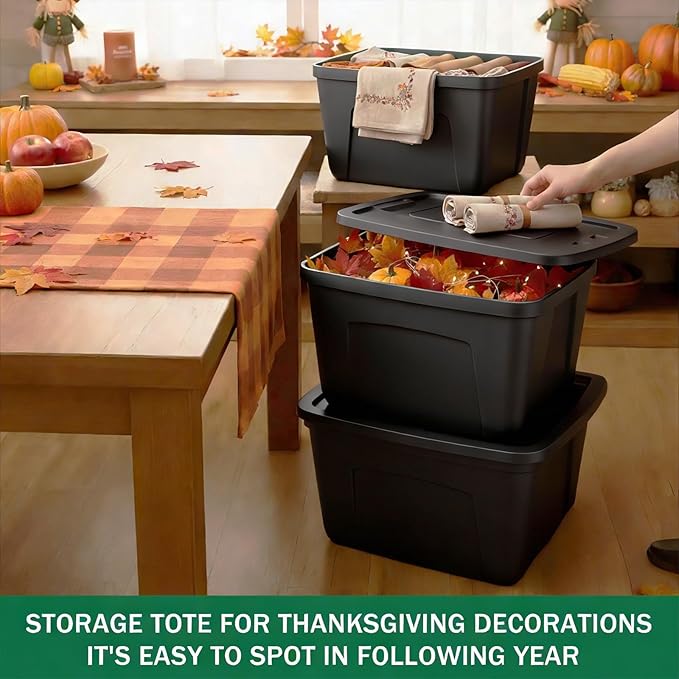 Storage Bins with Lids - Made in USA 18-Gallon (72-Quart) 4PC Black Storage Totes with Lids Heavy Duty Plastic Stackable Containers Large Storage Boxes for Home and Office Organization