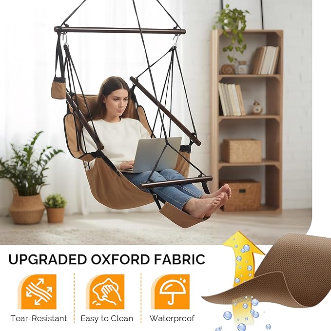 ONCLOUD Upgraded Unique Hammock Hanging Sky Chair Air Deluxe Swing Seat with Rope (Tan)
