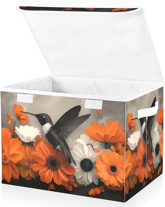 AIXIWAWA Lidded Storage Cube (Hummingbird Floral) Fabric Foldable Closet Bins with Flip Lid and Handles Organizer Basket Container 16.5 x 12.6 x 11.8 IN