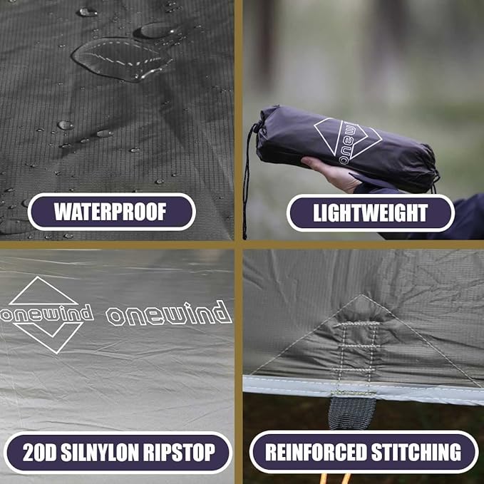 Onewind 11×10 ft Hammock Tarp Lightweight Silnylon Hammock Rain Fly 4000mm Waterproof 4-Season Multiple Shelter Solution Camping Tarp Tent with Complete Accessories Dark Grey