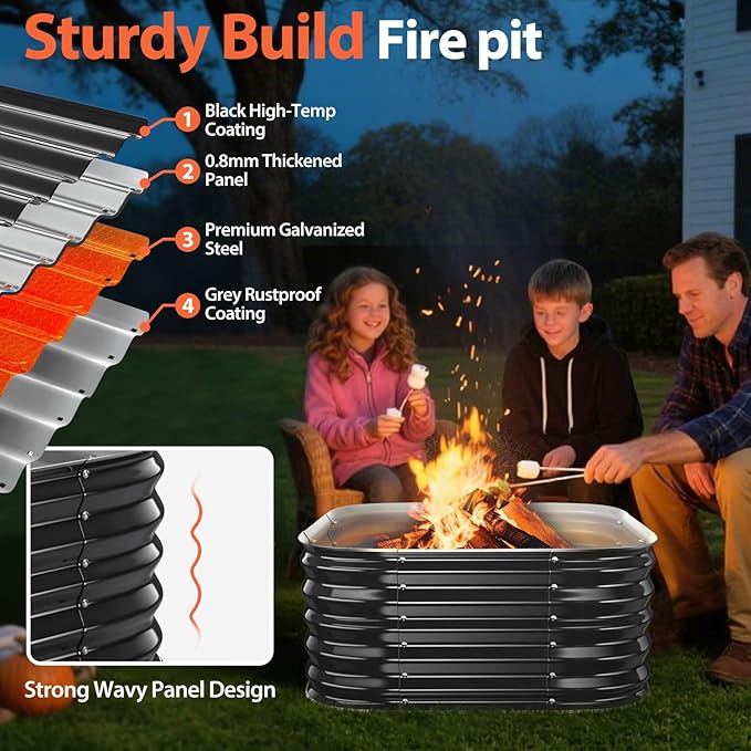 16.5''Tall Fire Pit Ring for Outside - 27IN Heavy Duty Square Wood Burning Firepit &ampOutdoor FireplacesHigh Heat ResistantGalvanized Steel Metal Bonfire Pits Portable for CampingBackyardBeachP
