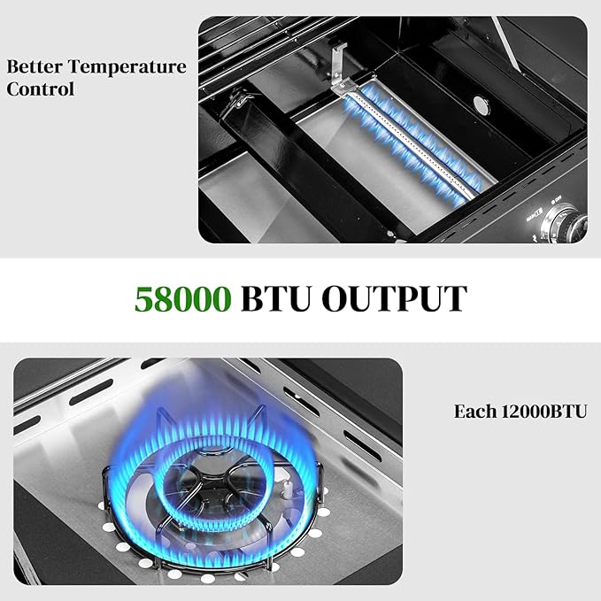 Bonnlo 4 Burner Propane Grills with Side Burner and Porcelain-Enameled Grates 58000BTU Gas Grill with Side Shelf and Portable Rolling Wheels Grill for Outdoor Cooking BBQ Patio Backyard