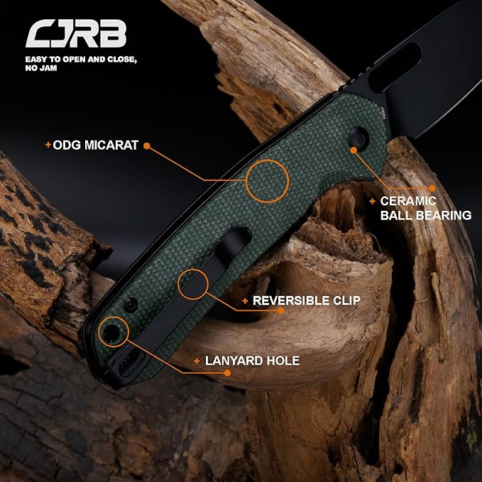 CJRB Pyrite-Alt (J1925A) Folding Pocket Knife with 3.11'' Black PVD AR-RPM9 Wharncliffe Blade Dark Green Micarta HandleButton Lock EDC Knife with Thumb Hole for TacticalOutdoorHiking and Gift