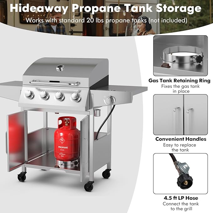 Giantex Propane Gas Grill 50000 BTU 4 Main Burners 1 Side Burner 2 Prep Tables Stainless Steel Heavy-Duty BBQ Grill with 4 Wheels for Backyard Party Outdoor Cooking
