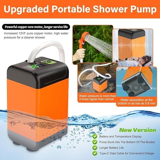 Portable Electric Camping Shower with 3 Speed Adjustable Handheld Outdoor Shower with LED Display 7800mAh Rechargeable Battery Last 180 Minsfor Travel Hiking