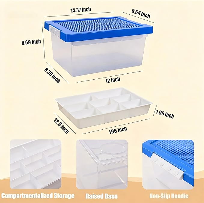 Toy Storage Organizer Bin for Lego Plastic Organizer Box with Removable Tray and Building Baseplate Lid Stackable Building Block Storage Craft Storage Container for Lego Art Toy Tool Sewing