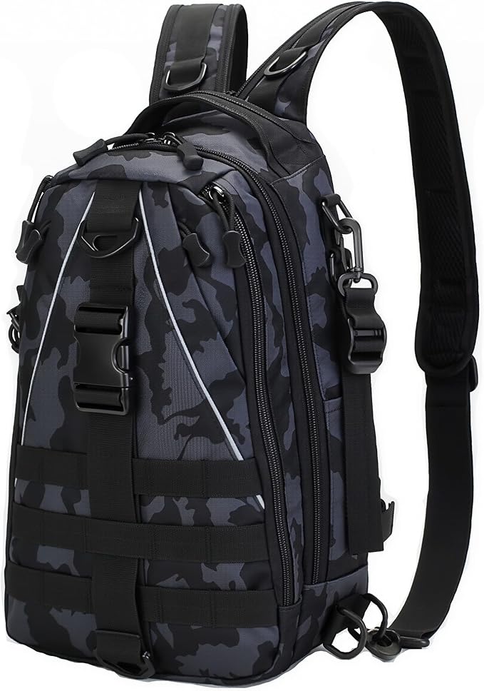 Mint &amp Moss Tactical Backpack for Men Water Resistant Tackle Backpack with Rod Holder &amp Tackle Box Kit Lightweight Sling Fishing Bag for Trekking Survival Camping Fitness Travel (Camo)