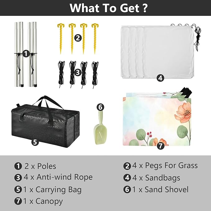 xigua Wildflowers Beach Tent Sun Shelter with Carrying Bag - Silver Coated Oxford Fabric Beach Canopy for Beach Camping Fishing - Includes Windproof Ropes Sandbags &amp Stakes