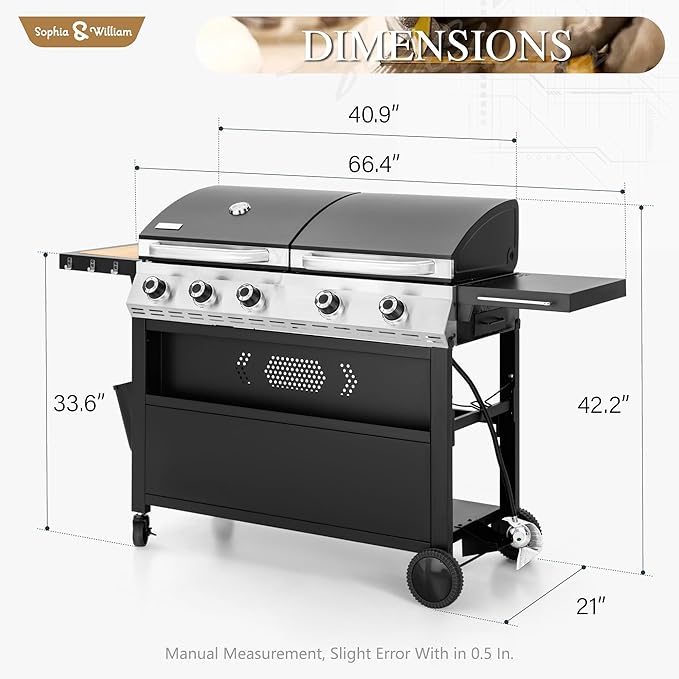 Sophia &amp William Propane Gas Grill and Griddle Combo with Porcelain-Enameled Cast Iron Grates Dual Outdoor BBQ Grill with Flat Top Griddle for Barbecue 696 SQ.IN. Cooking Area