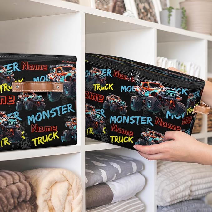 Custom Storage Bins with Zipper Lid Personalized Monster Truck Car Fabric Lidded Storage Baskets Boxes Foldable Cubes Clothes Organizer Container