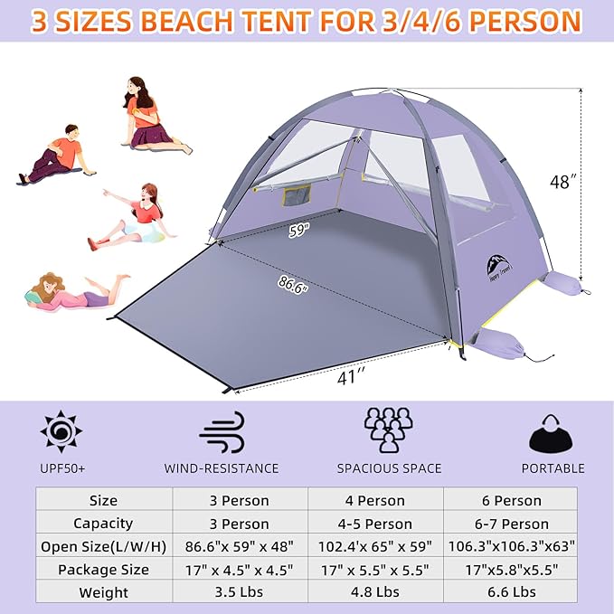 Happy Travel Beach Tent UPF 50+ UV Protection Sun Shade Shelter for 3/4/5/6/7/8 Person Portable Beach Canopy for Family &amp Baby Lightweight &amp Easy Setup Beach Cabana with 3 Ventilation Mesh