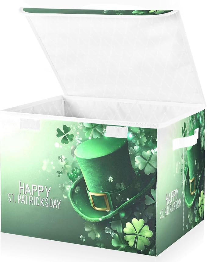 Christmas Storage Baskets with Lids St. Patrick's Day Hat Collapsible Bins Stackable Fabric Linen Baskets Closet Organizer Container 16.5x12.6x11.8