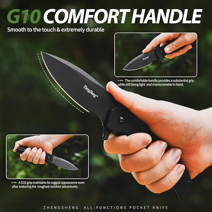 ZhengSheng Praxis Folding Pocket Knife 3.6 PVD Titanium Coating D2 Steel Blade Foldable Knife with G10 Handle Lightweight Camping Survival Hiking Knives