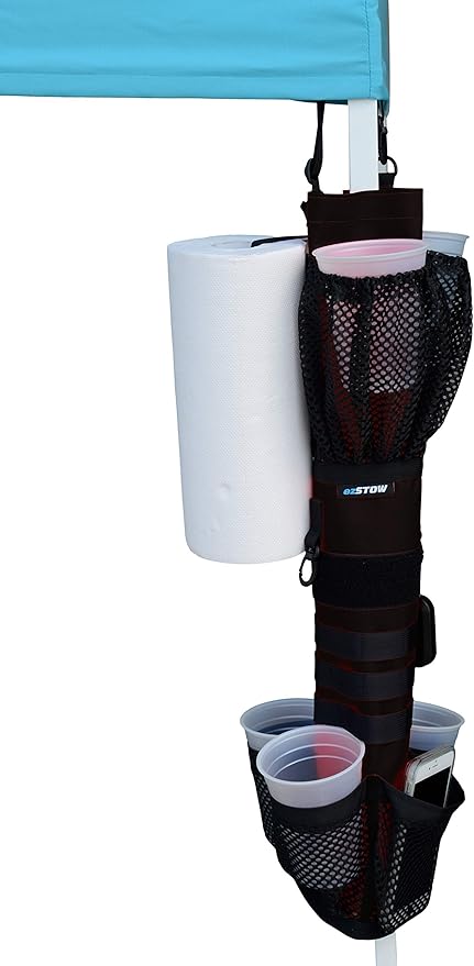 ezSTOW miniSTOW Canopy Organizer - Organize Your Awning Drink Holder Paper Towel Storage Sunscreen Pockets Trash Bags Attach to Tree Outdoor Hunting Camping Baseball Soccer Track