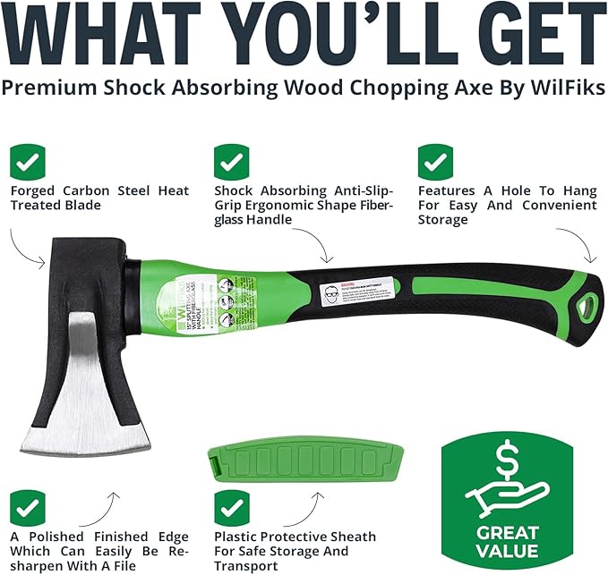 WilFiks Splitting Axe 15” Camping Hatchet for Chopping and Kindling Wood and Branches Forged Carbon Steel Hand Maul Tool for Gardening Fiberglass Shock Reduction Handle with Anti-Slip Grip