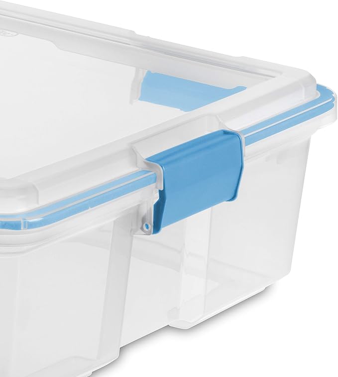 Sterilite 37 Qt Gasket Box Stackable Storage Bin with Latching Lid and Tight Seal Plastic Container to Organize Underbed Clear Base and Lid 4-Pack