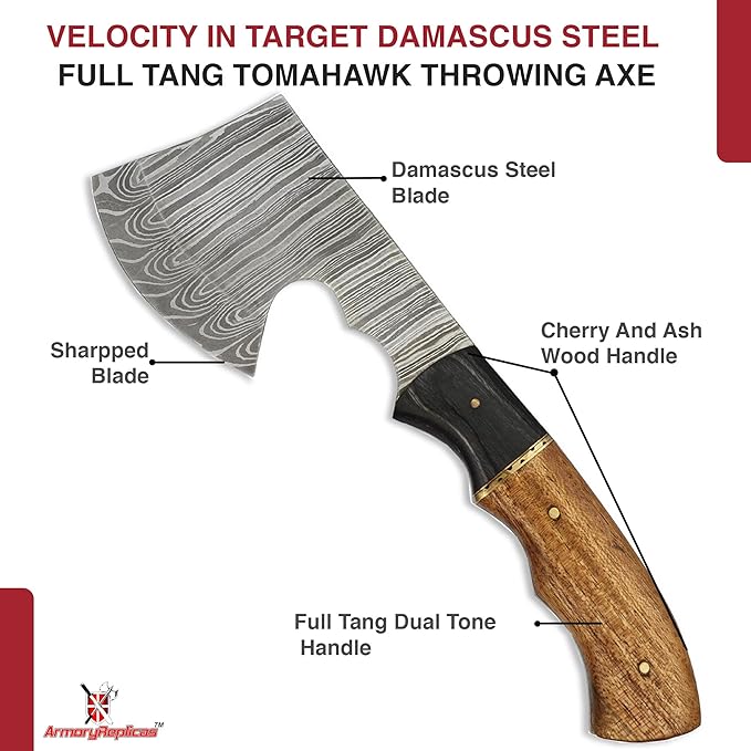 Armory Replicas™ Velocity in Target Throwing Axe - Full Tang Tomahawk with Damascus Steel Blade Cherry &amp Ash Wood Handle 9.5 Inches Overall Length Includes Genuine Leather Sheath