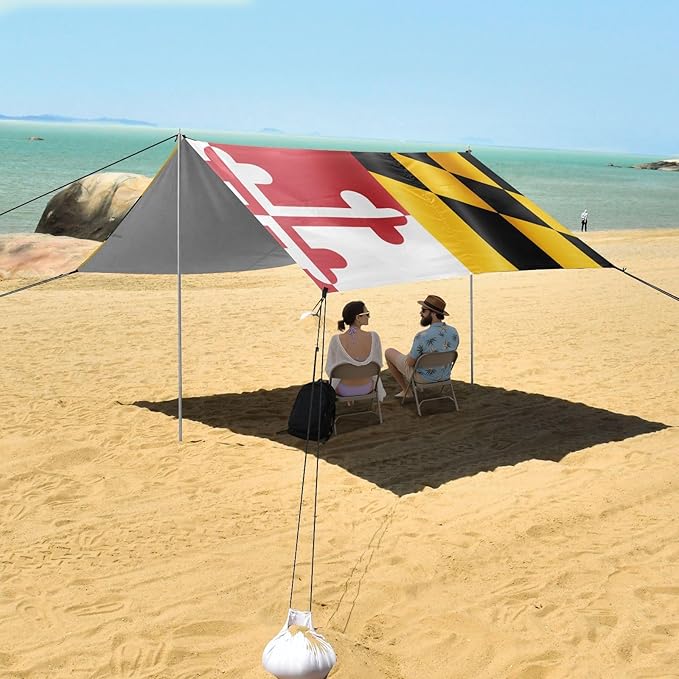 Maryland State Flag Md Beach Cabana UPF50 Waterproof Sun Shelter with Sturdy Poles Sandbags and Shovel for Camping Picnics Backyard &amp Fishing