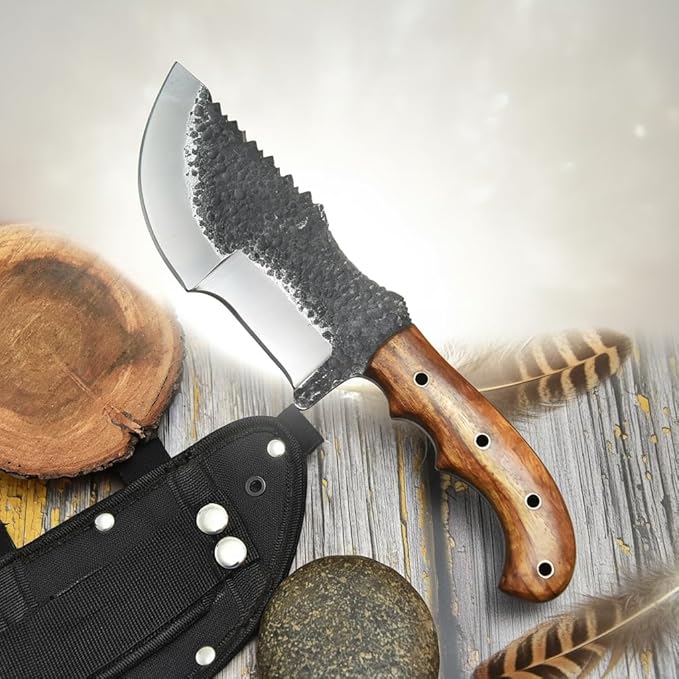 Handmade Hunting Knife with Wooden Handle &amp Sheath | Forged High Carbon Steel Fixed Blade | Full Tang Survival Knife for Camping Outdoor Bushcraft Fishing Hiking &amp Gift for Men