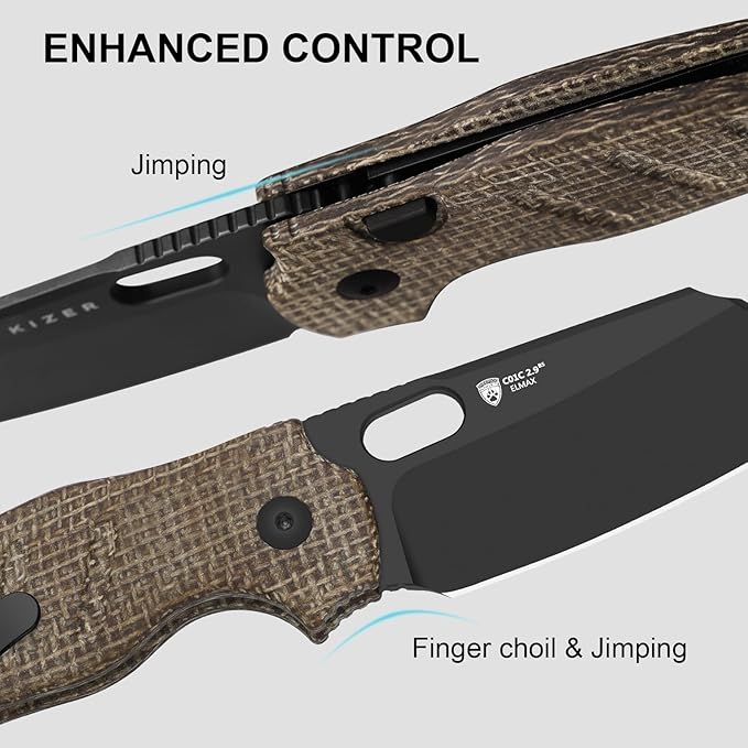 Kizer C01C 2.9 BS Sheepdog Pocket Knife 2.95 Elmax Sheepsfoot Blade Folding Knife with Brown Norplex UltreX™ Micarta Handle Small EDC Camping Survival Knives with Thumb Hole Ki3488.29BSA2