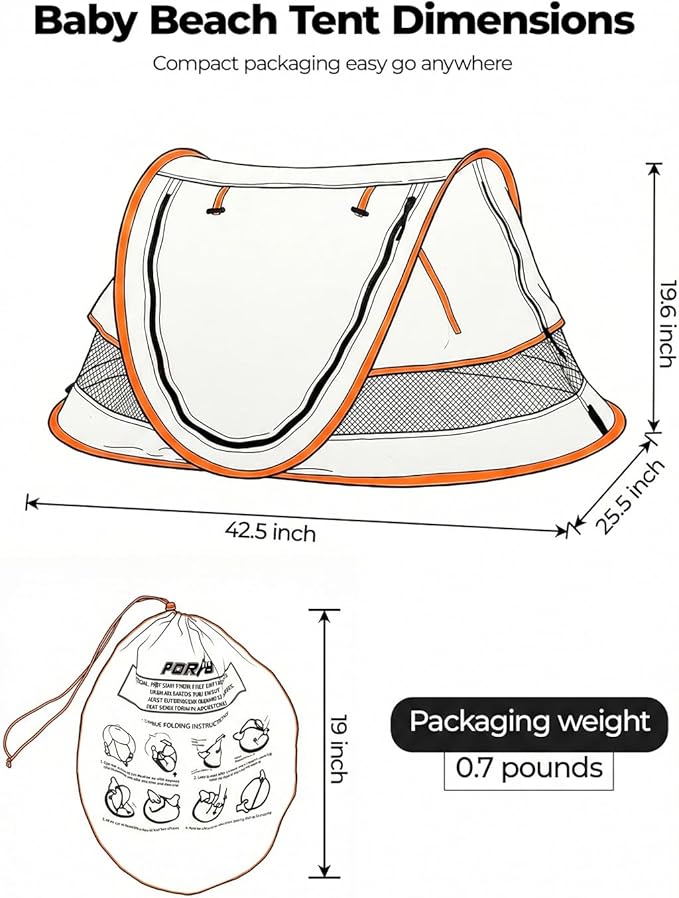 Poray Portable Baby Beach Tent with UPF 50+ Sun ShelterMosquito Net and Sunshade Ideal Pop Up Kids Travel Tent with Carry Bag &amp 2 StakesOutdoor Indoor Play and Sun Protection