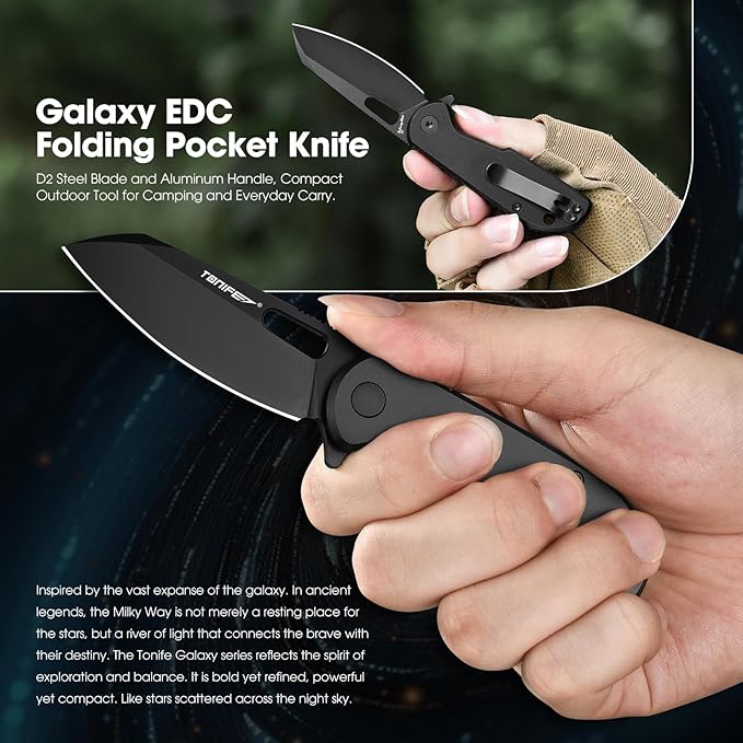 TONIFE Galaxy EDC Folding Pocket Knife with D2 Steel Blade and Aluminum Handle Compact Outdoor Tool for Camping and Everyday Carry (Black Titanium)