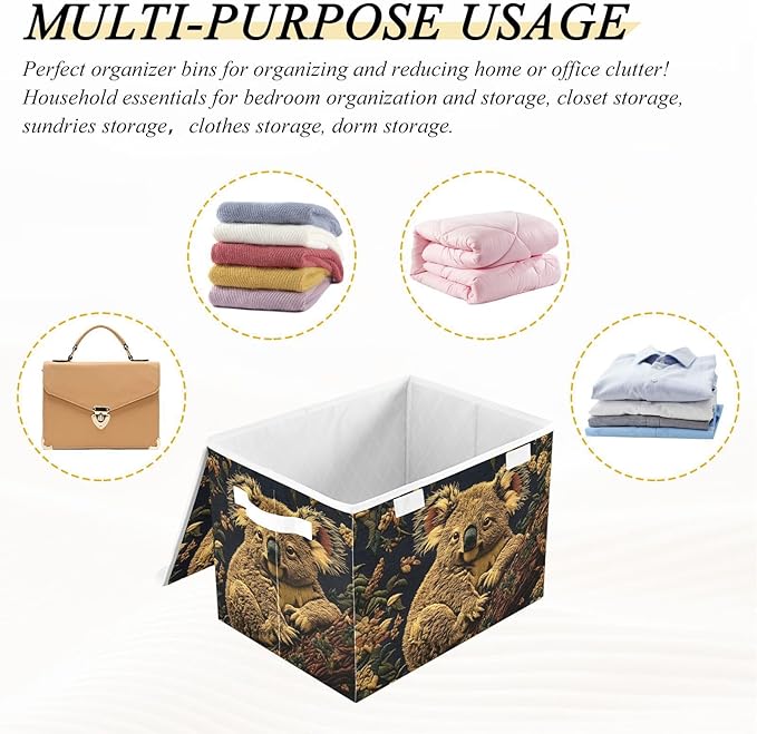 Forest Koala Storage Cube Bins Basket with Lid Collapsible Flip-top Fabric with Handle for Home Bedroom Closet Office 16.5×12.6×11.8 in