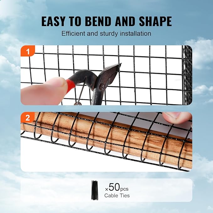 VEVOR 8inch x 98ft Critter Guard for Solar Panels PVC Coated Wire Mesh Roll Kit with 50pcs Ties for Pigeon Deterrent Bird Squirrel Proof Black