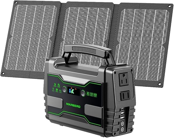 MARBERO Solar Generator 155Wh with 30W Solar Panel Portable Power Station with 2x 100W AC Outlets(Peak 150W) QC3.0 USB UL Certified for Home Blackout Camping RV Travel Ultra-Light &amp Silent Fan