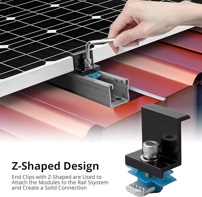 Anbte 10 PCS Solar Panel Clamps for Unistrut Aluminium 40mm 6 x T-Shaped Mid Clamps + 4 x End Clamps Solar Panel Mounting Brackets for Metal Tin Flat Sheet Roofs RV Black