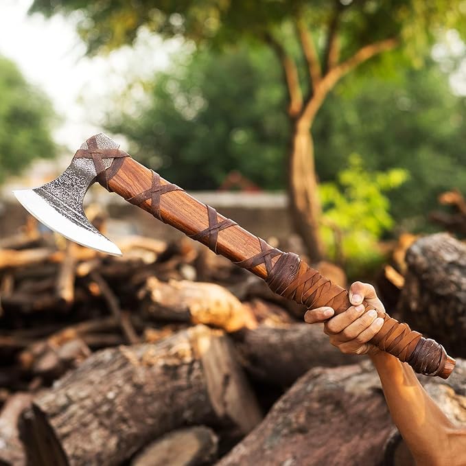 Generic | 27 and 3.5 lbs Custom Handmade Viking Axe of Ragnar Lothbrok Norsmen- Battle and Forest Hunting Hatchet Authentic Viking ax with Sheath Vikings Gifts (Ragnar Lothbrok Axe) Brown