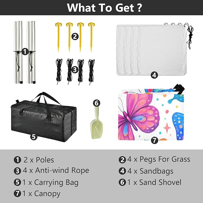 xigua Butterflies Beach Tent Sun Shelter with Carrying Bag - Silver Coated Oxford Fabric Beach Canopy for Beach Camping Fishing - Includes Windproof Ropes Sandbags &amp Stakes