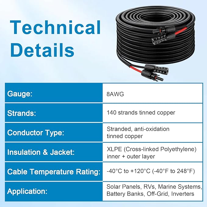 XRDS -RF Solar Cable 40FT 8AWG Solar Extension Cable with Male &amp Female Solar Connectors Flame-Retardant Protective Sleeving Solar Panel Cable Weatherproof PV Wire for Solar Panel Connection