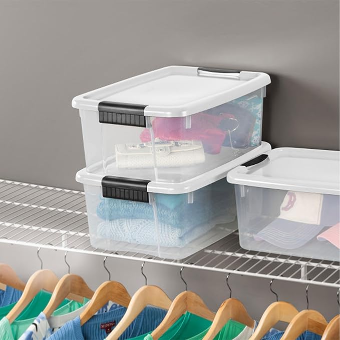Sterilite 4 Sets of 70-Quart &amp 6 Sets of 18-Quart Heavy-Duty Stackable Storage Container Tote Clear Base w/White Latch lid for Home Organization