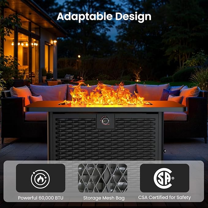 Ciays 43-Inch Rectangular Propane Fire Pit Table - 60000 BTU CSA-Certified 2-in-1 Design 304 Stainless Steel H-Burner Included Cover &amp Lava Rocks - Ideal for Gatherings &amp Parties