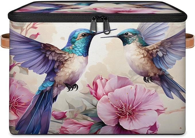 Storage Bins with Lids Flower Hummingbird Storage Basket Clothes Organizer with Handles Closet Storage Containers for Clothing Bedding Blanket