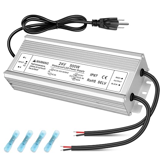24V 500W LED Power Supply IP67 Waterproof LED Driver AC 110V to DC 24 Volt 20.83A Low Voltage Transformer Converter for Outdoor LED Lights Lighting Projects &amp Industrial 3-Prong Plug &amp 3.3