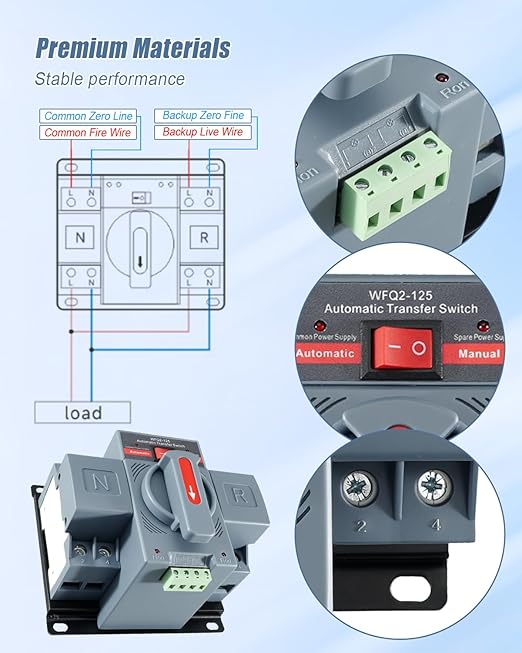 6–100A AC110V Dual Power Transfer Switch 2Pole ATS Automatic/Manual Changeover Transfer Switch for Home Generator Solar Power System with Auto Selector Over/Under Voltage Protection 50/60Hz