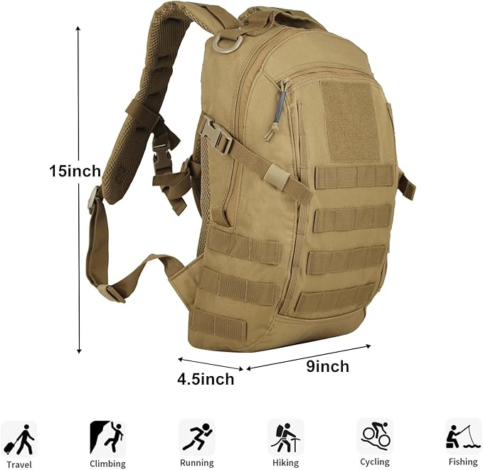 Small Tactical Backpack 12L Molle Bag Rucksack Army Daypack Military Daypack for OutdoorHiking (Tan)
