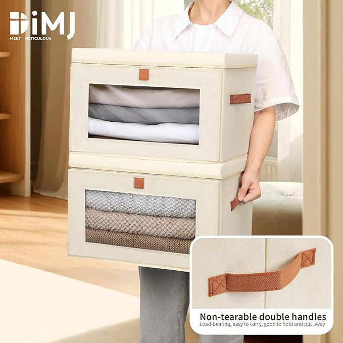 DIMJ Storage Bins with Lids - 5 Pack Large Fabric Closet Organizer with Window &amp Handles Collapsible Decorative Storage Boxes for Shelves Under Bed Books Clothes Blankets Sweaters Organization