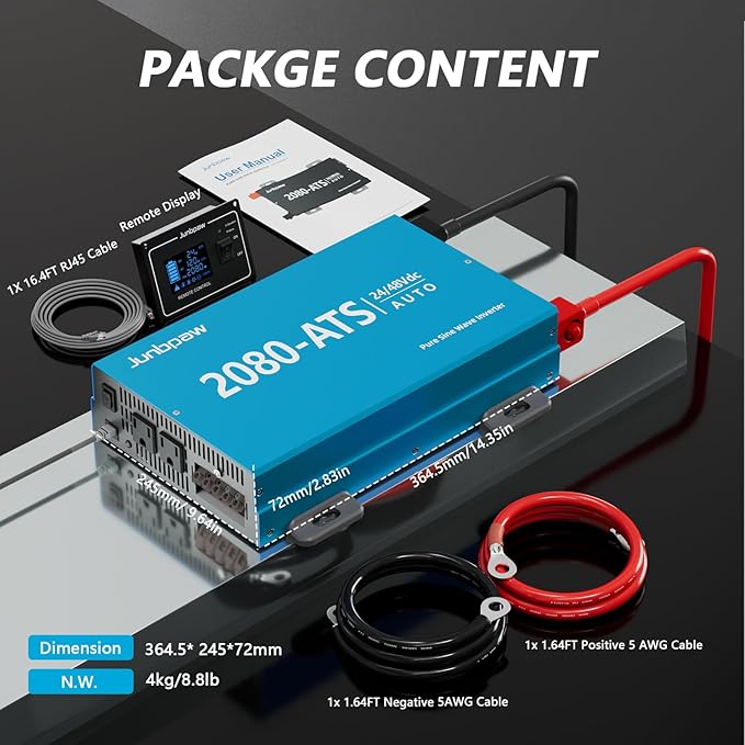 2080W Pure Sine Wave Inverter with Auto Transfer Switch ATS Dual Voltage Power Inverter 24V/48V to 120V for RV Truck Off-Grid Camping Home Emergency Backup (Blue)