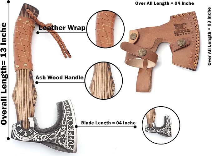 13” Inch Viking Axe- Ash Wood Handle Hatchets and Axes with Leather Wrap Wood Splitting Axe Camping Axe Throwing Axes and Tomahawks - Gift for Father’s Day Husband(Rare Viking)