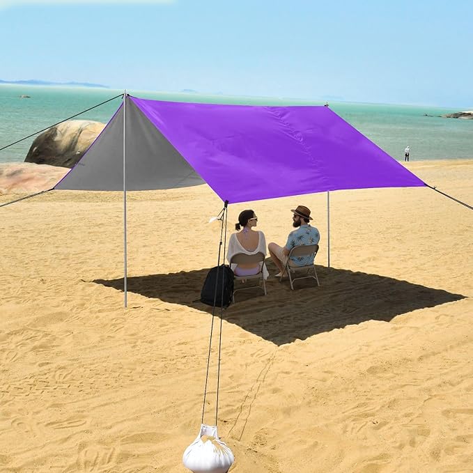 Blue Violet Purple Foldable Beach Tent UPF50 Water-Resistant Large Portable Sun Shelter with Sandbags and Shovel for Camping Picnics Backyard &amp Fishing
