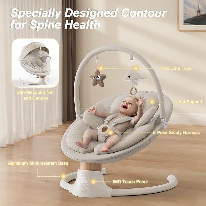Baby Swings for Infants FasonBaby Electric Baby Swing with 10 Preset Melodies 5 Speeds Remote Control and Bluetooth - Portable Infant Swing for Indoor and Outdoor(Beige)