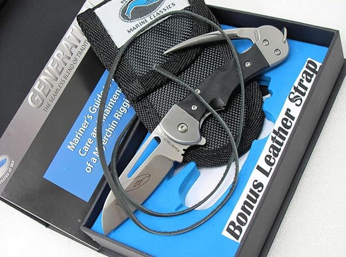 Myerchin BF377 Gen 2 Crew Rigging Knife &amp Marlin Spike - Black G10 Handle - Standard Plain Edge - Crew Bundle with Outdoor Merchants Safety Leather Lanyard - Compact German Marine Stainless Steel