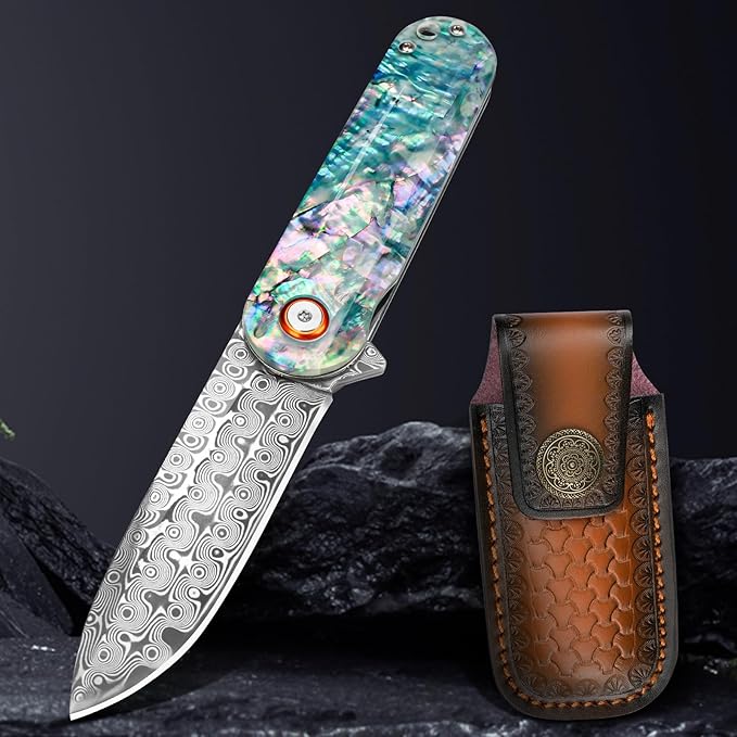 Zingbee Damascus Pocket Knife with Sheath 2.95 Damascus Steel Blade Folding Knife with Abalone Shell Handle EDC Pocket Knives for Men Women Outdoor Indoor Camping