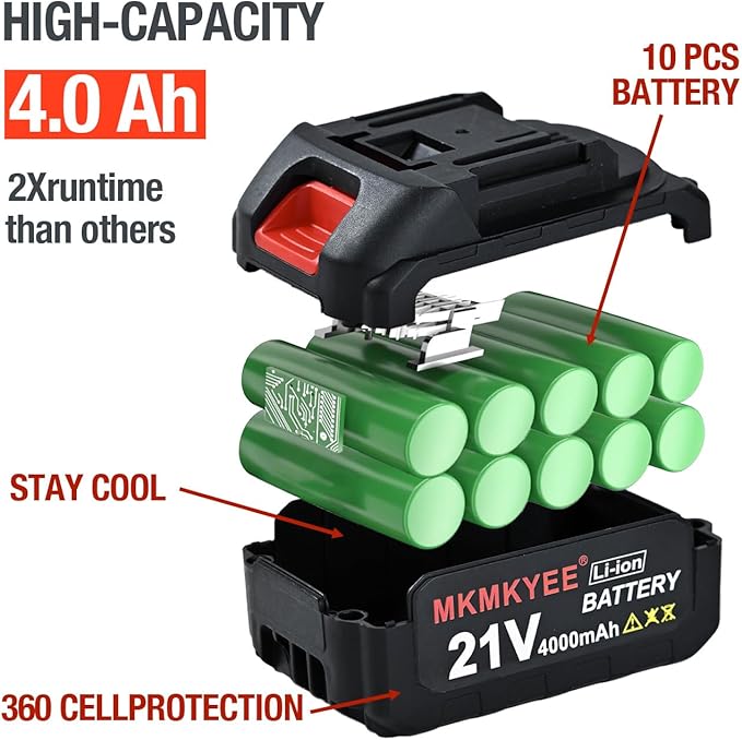 21V Lithium Battery and Charger Cord 4.0 Ah Battery with Charger Adapter Led Indicator Compatible for Cordless Tiller Cultivator