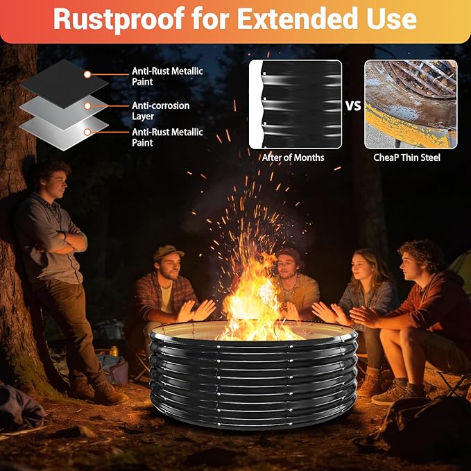 48 Inch Large Outdoor Fire Pit Ring17 Taller Heavy Duty High Heat Resistant Wood Burning Firepit for OutsideGalvanized Steel Outdoor Fireplace &amp Fire Pits Bowl for Backyard Bonfire PatioCamp