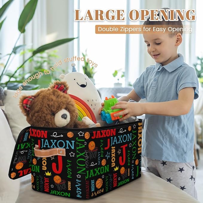 Custom Storage Bins with Zipper Lid Personalized Basketball Fabric Lidded Storage Baskets Boxes Foldable Cubes Clothes Organizer Container Ball